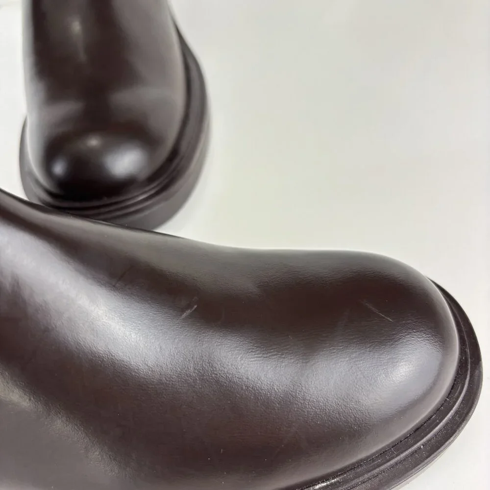 39/9 Dark Brown Walnut Round Toe Block Heel Wide Sole Knee High Pull On Zip Boot - Picture 7 of 16